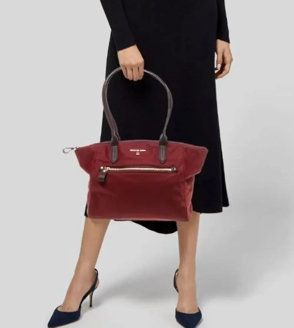 Michael Kors Kelsey Medium Nylon Tote Burgundy Gold Travel Shoulder Bag